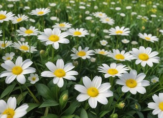 Obraz premium White flowers with bright yellow centers in a lush green field, nature, blooming