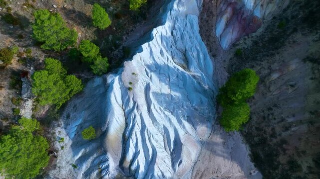 Pine forest and erosion in the surroundings of the village of Taravilla. Aerial view from drone. Molina Alto Tajo Geopark. Alto Tajo Natural Park. Guadalajara. Castilla la Mancha. Spain. Europe.