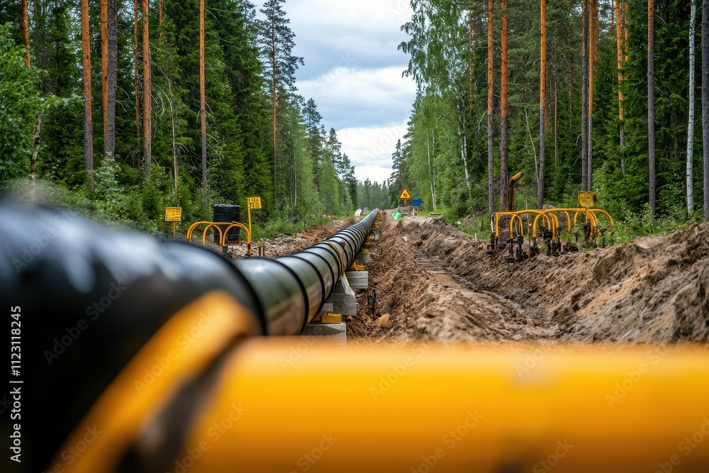 Aufkleber a pipeline under construction in a forested area, surrounded by trees and machinery, indicating ongo