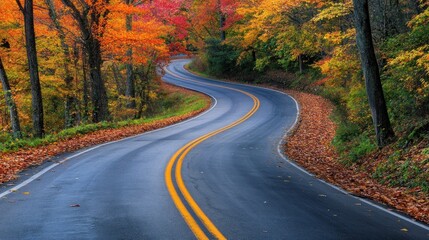 Fototapeta premium A winding road through vibrant autumn foliage, showcasing the beauty of fall colors and inviting exploration.