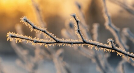 Glistening frost on tree branches at sunrise