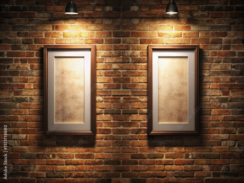 Poster two empty frame templates on a brick wall with spotlight in a night interior setting, perfect for mo