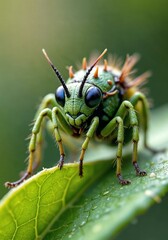 Fototapeta premium Microscopic portrait of an adorable alien species on a vibrant green leaf