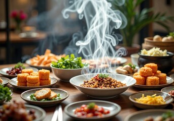 Obraz premium Beautifully arranged table of dim sum showcasing traditional dishes with professional lighting