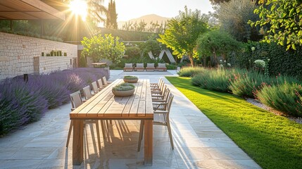 Outdoor dining area with modern wooden furniture in a garden