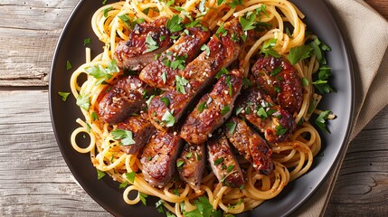 pasta linguine with fried chicken liver, top view wood table