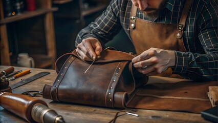 A leather craftsman hand-stitching a custom bag from premium materials in a workshop, showcasing traditional craftsmanship, attention to detail, and the artistry of handmade leather goods
