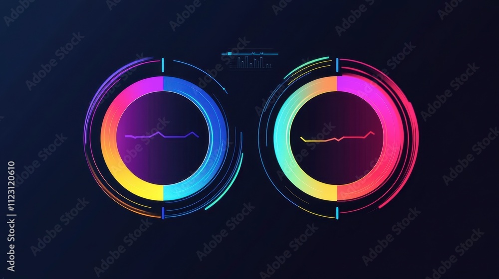Poster abstract colorful circles with sound waves on dark background