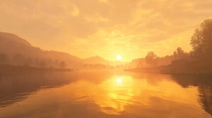 Fototapeta premium A serene landscape at sunset, featuring a calm river reflecting warm hues and silhouettes of trees and hills.