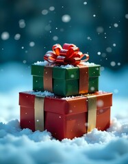 Festive Christmas and New Year gifts on snow bokeh background, surrounded by snow