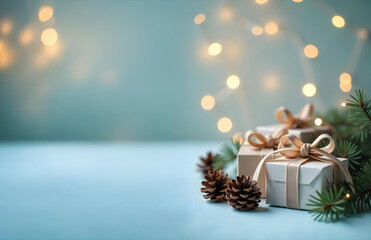 Festive Christmas and New Year gifts and pine cones and branches on bokeh background, surrounded by holiday decorations