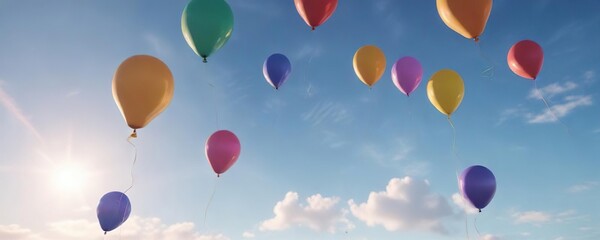 Obraz premium Balloons in vibrant hues drifting through the air, their colors reflected on a serene blue sky, calming, drift, peaceful