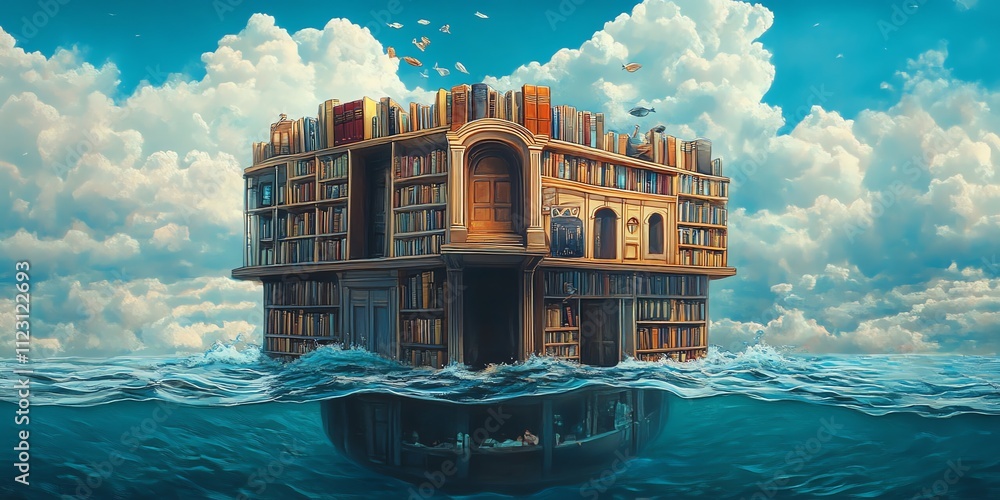 Poster a surreal floating library surrounded by water and clouds, symbolizing knowledge and imagination.