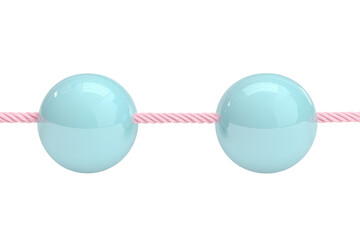 Two glossy, light blue spheres are connected by a thin pink string, creating a visually striking contrast.