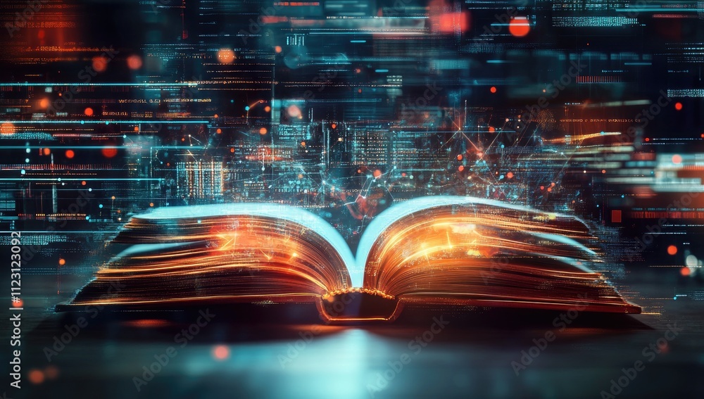 Poster an open book emits glowing data streams, symbolizing knowledge and technology convergence.