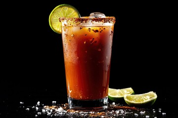 Photograph of a red michelada with lime, on a black background, high-resolution photography