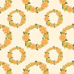 Seamless pattern with wreaths of sunflowers