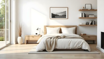 Fototapeta premium A minimalist and cozy bedroom with a wooden bed frame, neutral-colored bedding, and a framed black and white landscape artwork on the wall.
