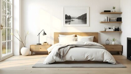 A minimalist and cozy bedroom with a wooden bed frame, neutral-colored bedding, and a framed black and white landscape artwork on the wall.