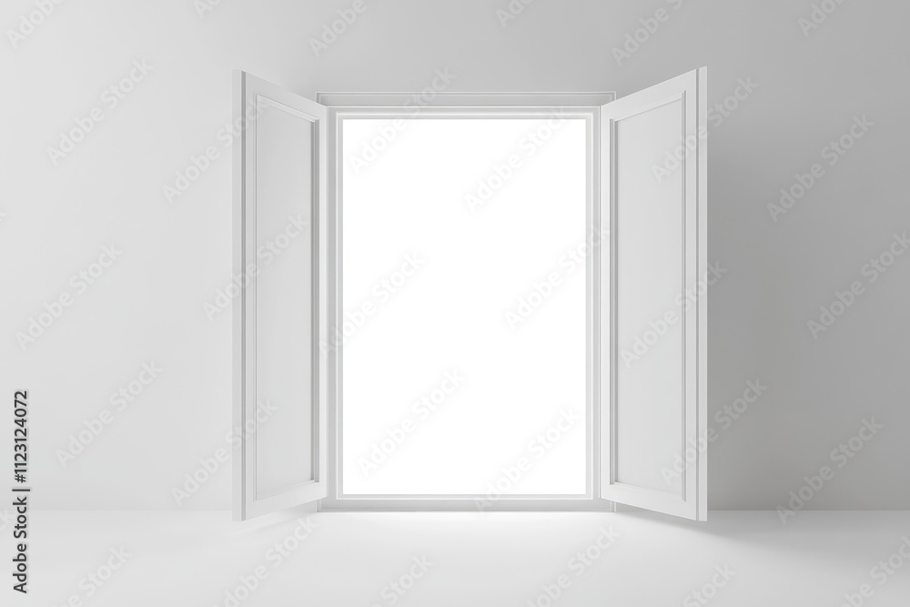 Poster a minimalistic white window with open shutters against a plain background.