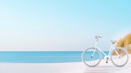 Obraz premium White Bicycle on Wooden Path by Tranquil Beach and Clear Blue Ocean
