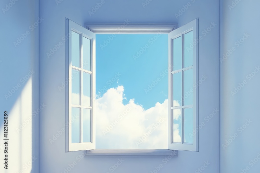 Poster a serene view through an open window showcasing a bright sky and fluffy clouds.