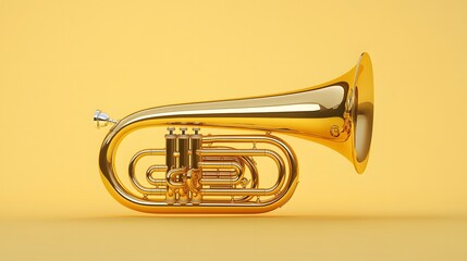 Obraz premium A shiny brass tuba with smooth curves on a pale yellow background, leaving space around the instrument for a clean look.