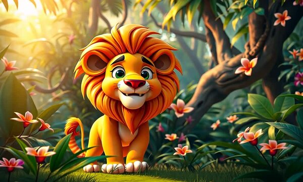 A cartoon lion is standing in a jungle with flowers