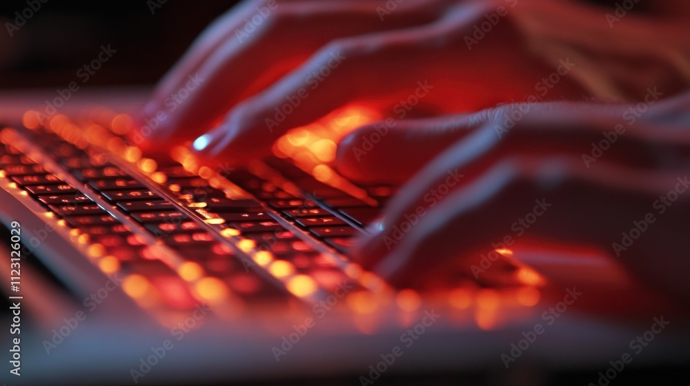 Aufkleber illuminated keys: a close-up of hands typing on a glowing keyboard