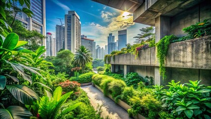 Fototapeta premium Urban Jungle Podium: A Harmonious Blend of Concrete Textures and Lush Greenery Showcasing the Unity of Nature and City Life in a Modern Urban Landscape