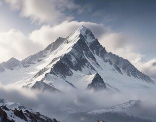 Obraz premium Dense fog wraps around the peak of a snow-capped mountain, wilderness, blue sky