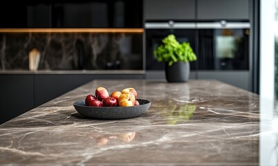 A modern kitchen countertop featuring a bowl of apples amidst a sleek design.