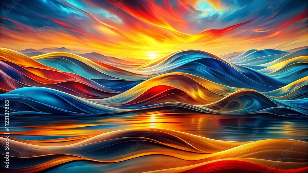 Poster vibrant abstract background with wavy lines in blue, yellow, orange, and red creating a dynamic doub