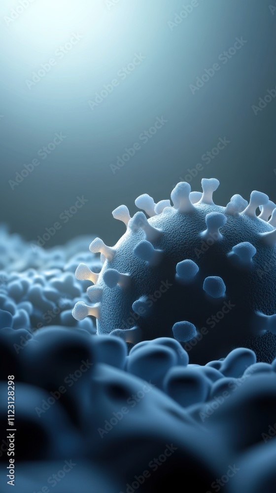 Poster microscopic view of a virus particle with spiked proteins, surrounded by cellular structures, ai
