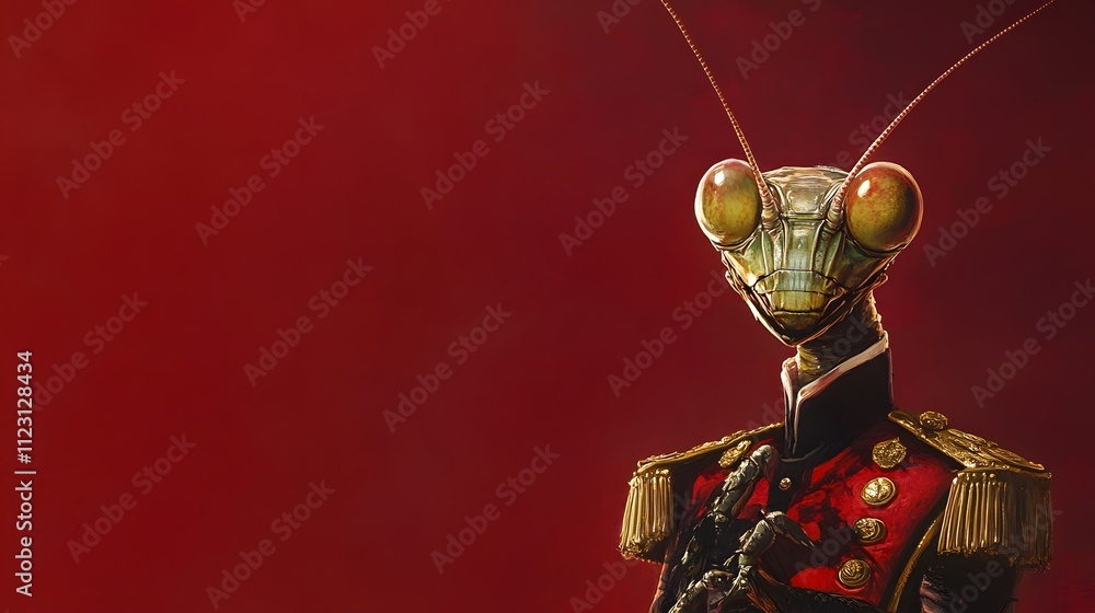 Poster a mantis dressed in a regal officer is uniform, standing proud against a deep crimson background wit