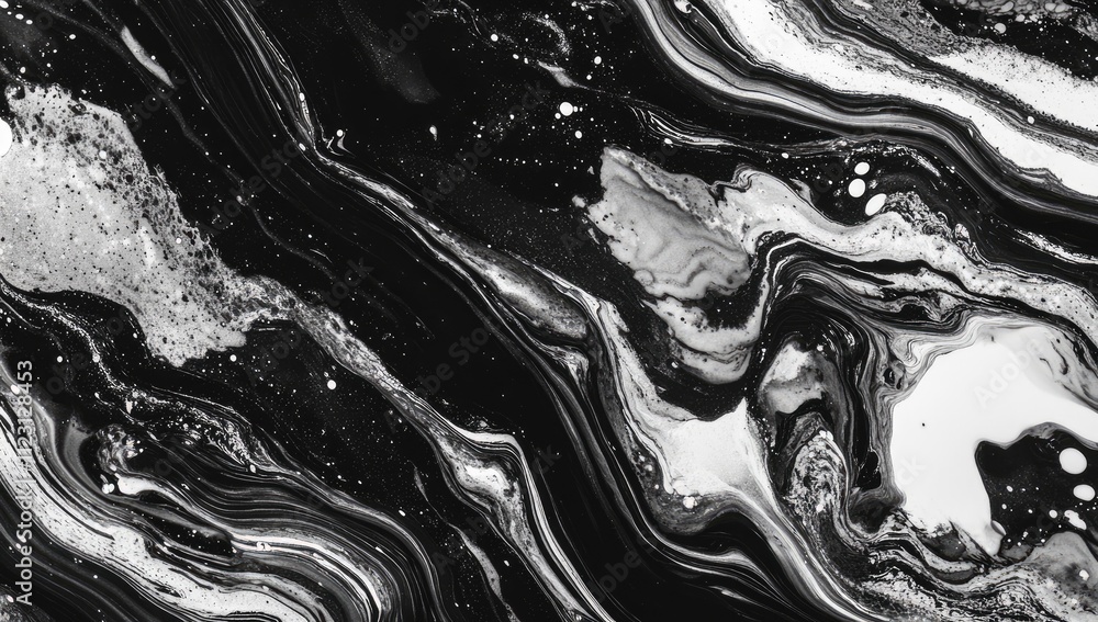Poster abstract black and white marbled texture with fluid patterns and contrasting shapes.