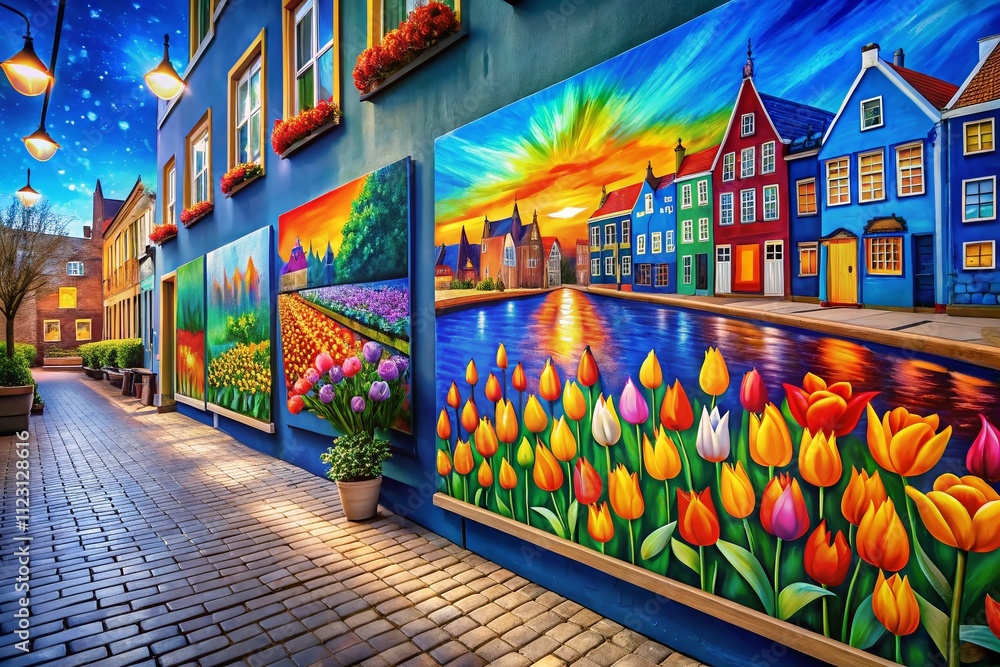 Poster vibrant abstract painting with blue background: a panoramic display of colorful shapes and patterns 