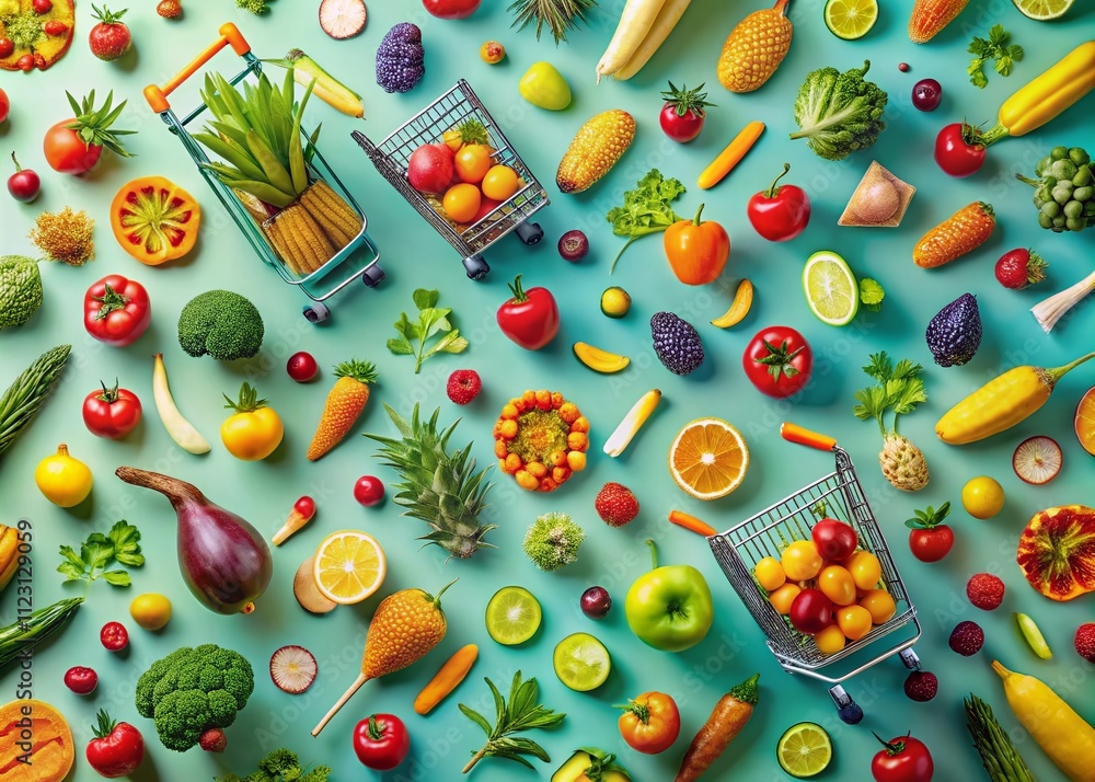 Poster vibrant aerial view of a colorful grocery shopping pattern with playful design elements and diverse 