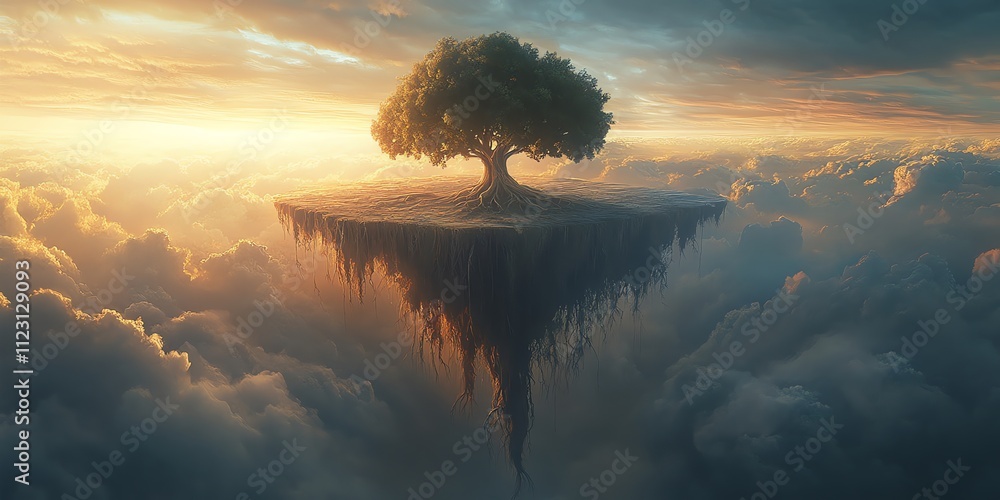 Poster a surreal floating island with a single tree amidst clouds at sunset.