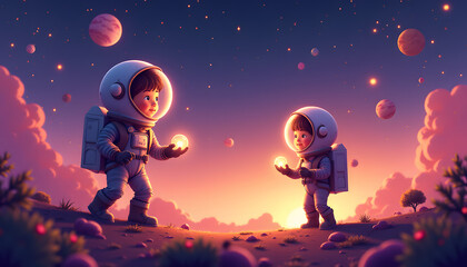 Obraz premium Adventurous Astronaut Kids Exploring a Distant Planet