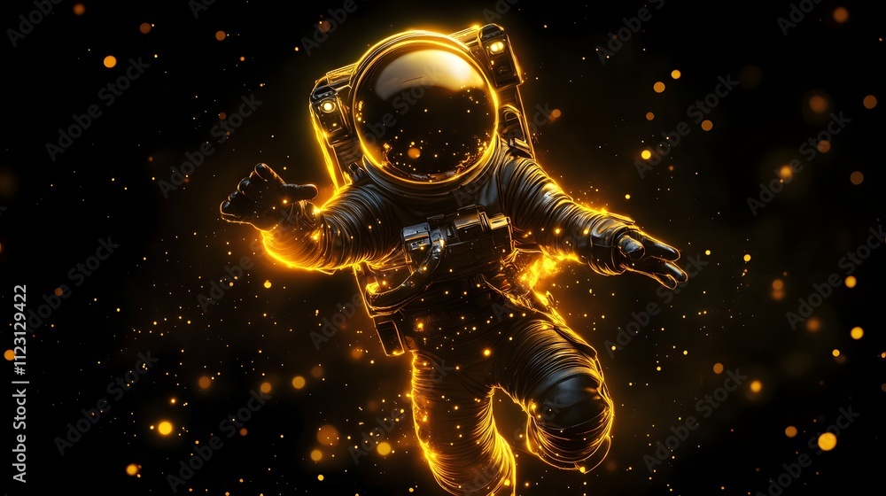 Poster a firefly in a glowing astronaut suit, set against a soft black background with plenty of surroundin