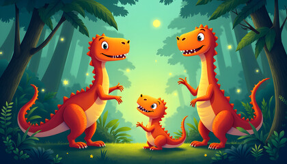 Naklejka premium Playful Dinosaurs in a Lush Prehistoric Jungle