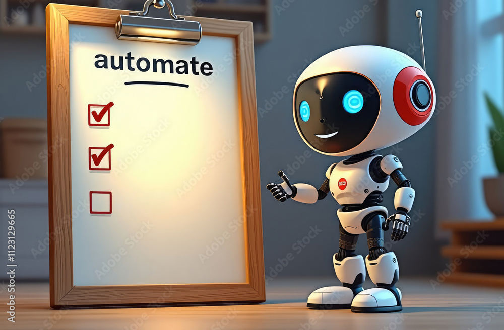 Poster robot standing next to checklist with finished tasks, cartoon illustration. automation tools, work e