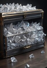 Fototapeta premium Glimmering crystals stored in a metallic chest, luminous storage, metal casket, glowing cache