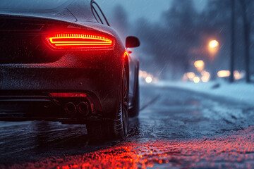 Car Sliding on Icy Suburban Road with Red Brake Lights Glowing.