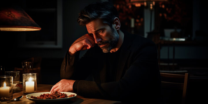 A middle-aged man sitting at a dining table with a single lit candle in front of him - Powered by Adobe