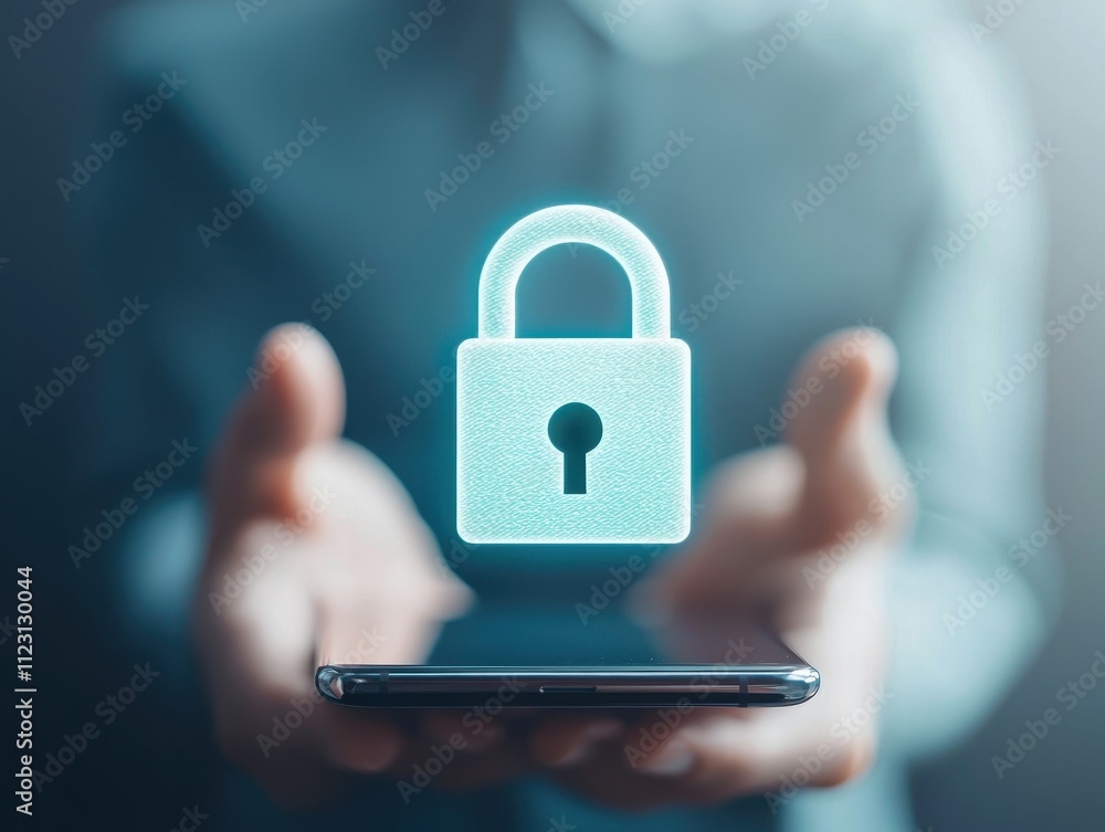 Aufkleber digital security concept with a lock symbol above a smartphone in hands.