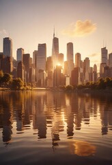 Naklejka premium Golden hour reflections of city skyline in calm river, city skyline, urban, architecture, golden hour, calm river