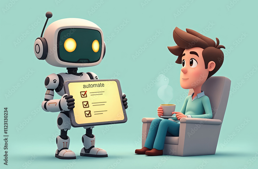 Poster futuristic technologies: ai, artificial intelligence, automated assistance. friendly robot with task
