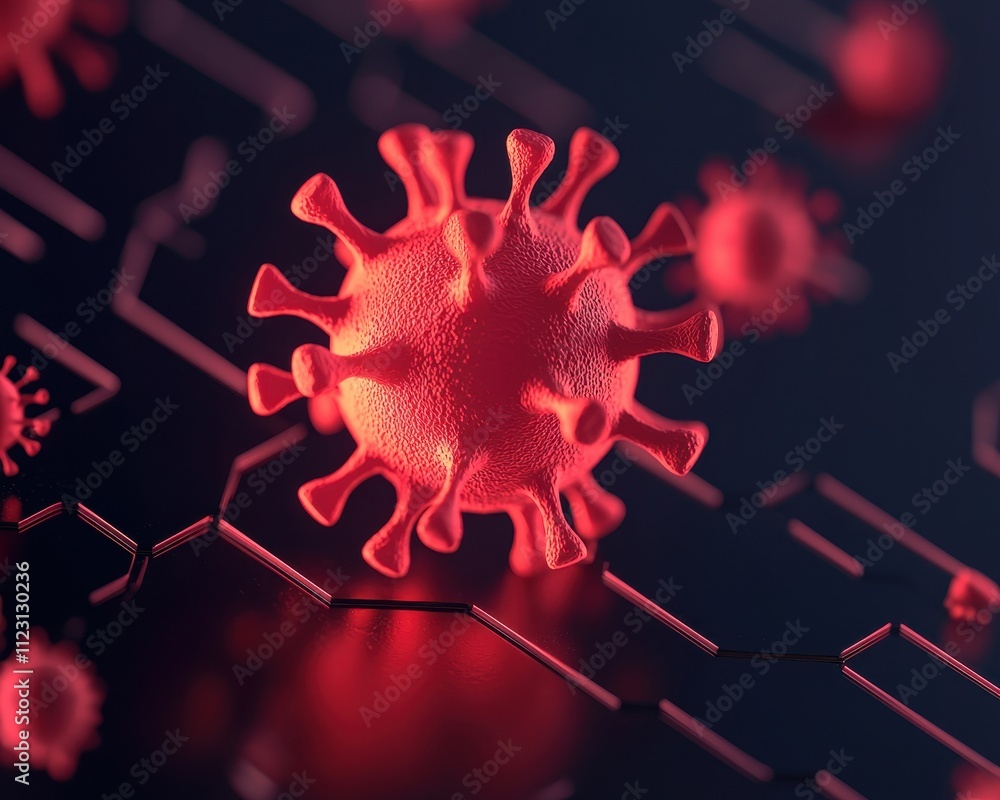 Poster digital illustration of a virus on a circuit board background in red tones.